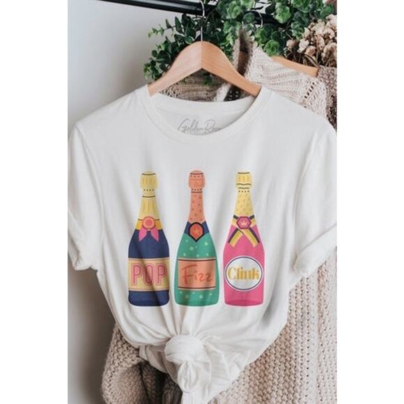 Pop Fizz Clink Golden Rose Champagne Trio Oversized T-Shirt Sz M/L - Picture 8 of 9